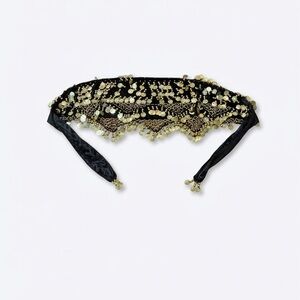 Black Velvet Festival Piece Belly Dance Hip Scarf | Gold Coin & Bead Wrap Belt